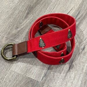 Mens Medium J McLaughlin Red Canvas Christmas Tree Needlepoint Embroidered Belt